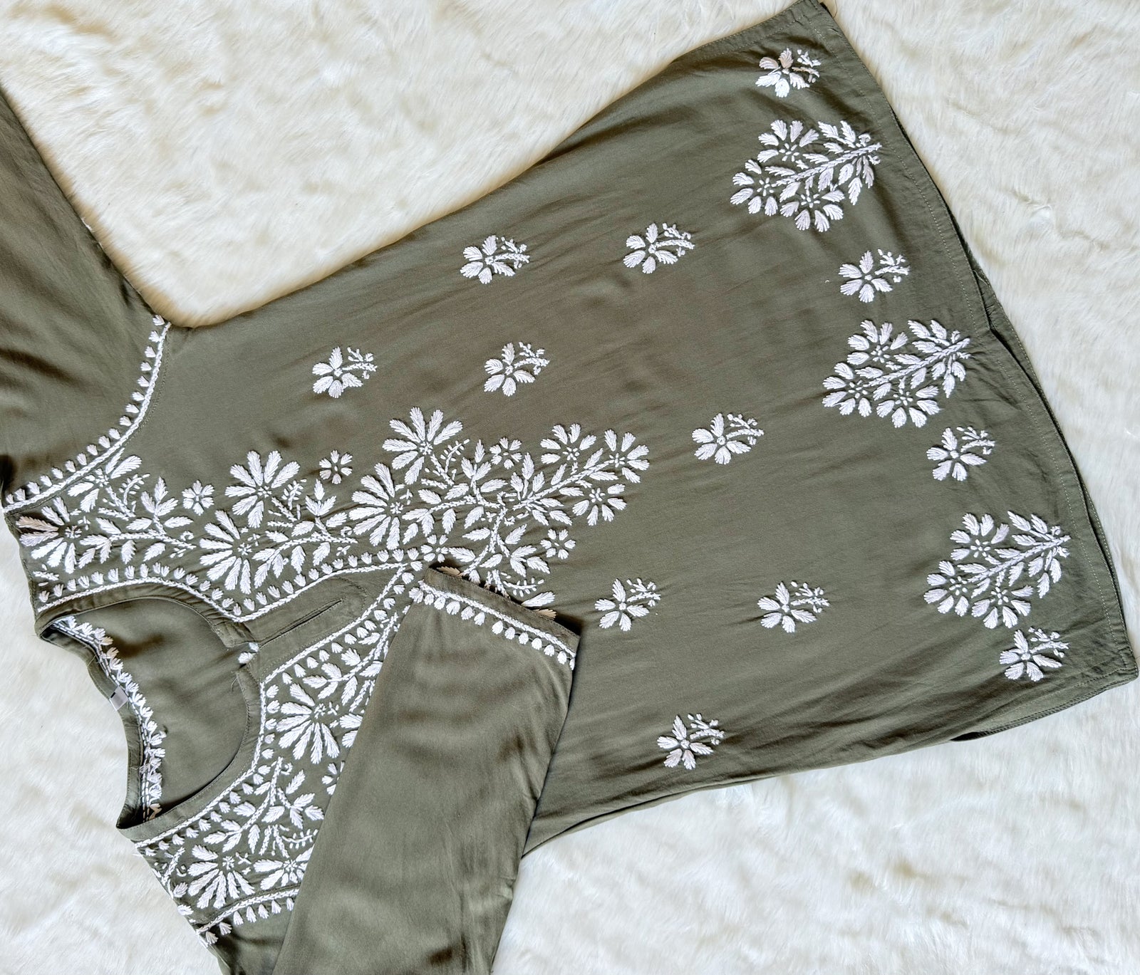 Rhea Moss Green Short Rayon Kurta with White Chikankari