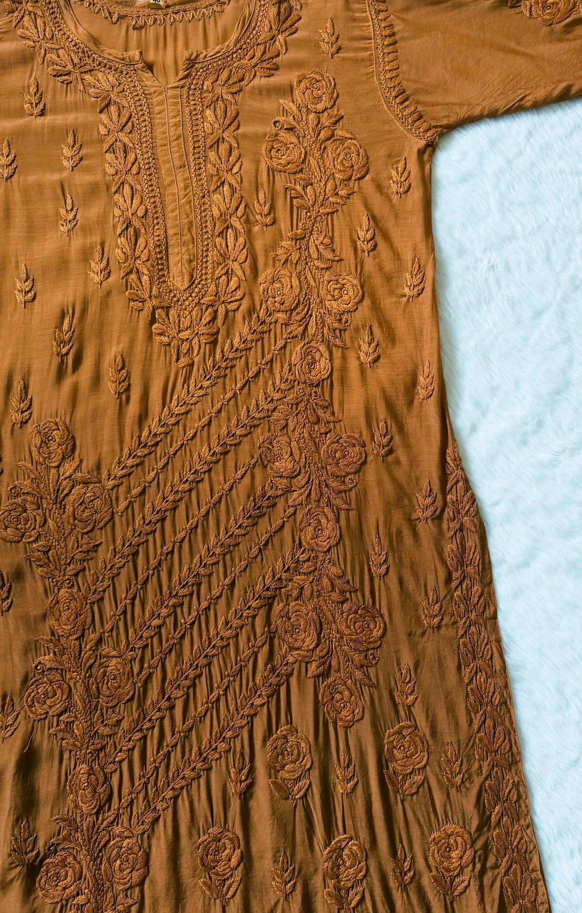 Rhea Mustard 3D Chikankari Long Muslin Kurti
