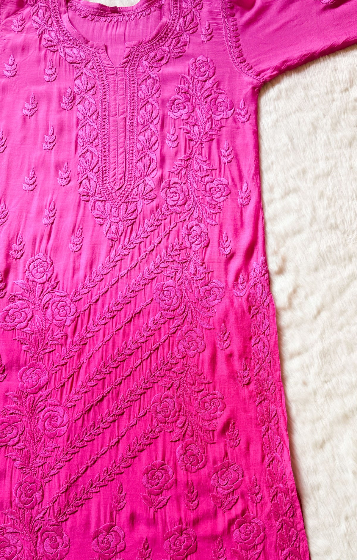 Rhea Pink 3D Chikankari Long Muslin Kurti