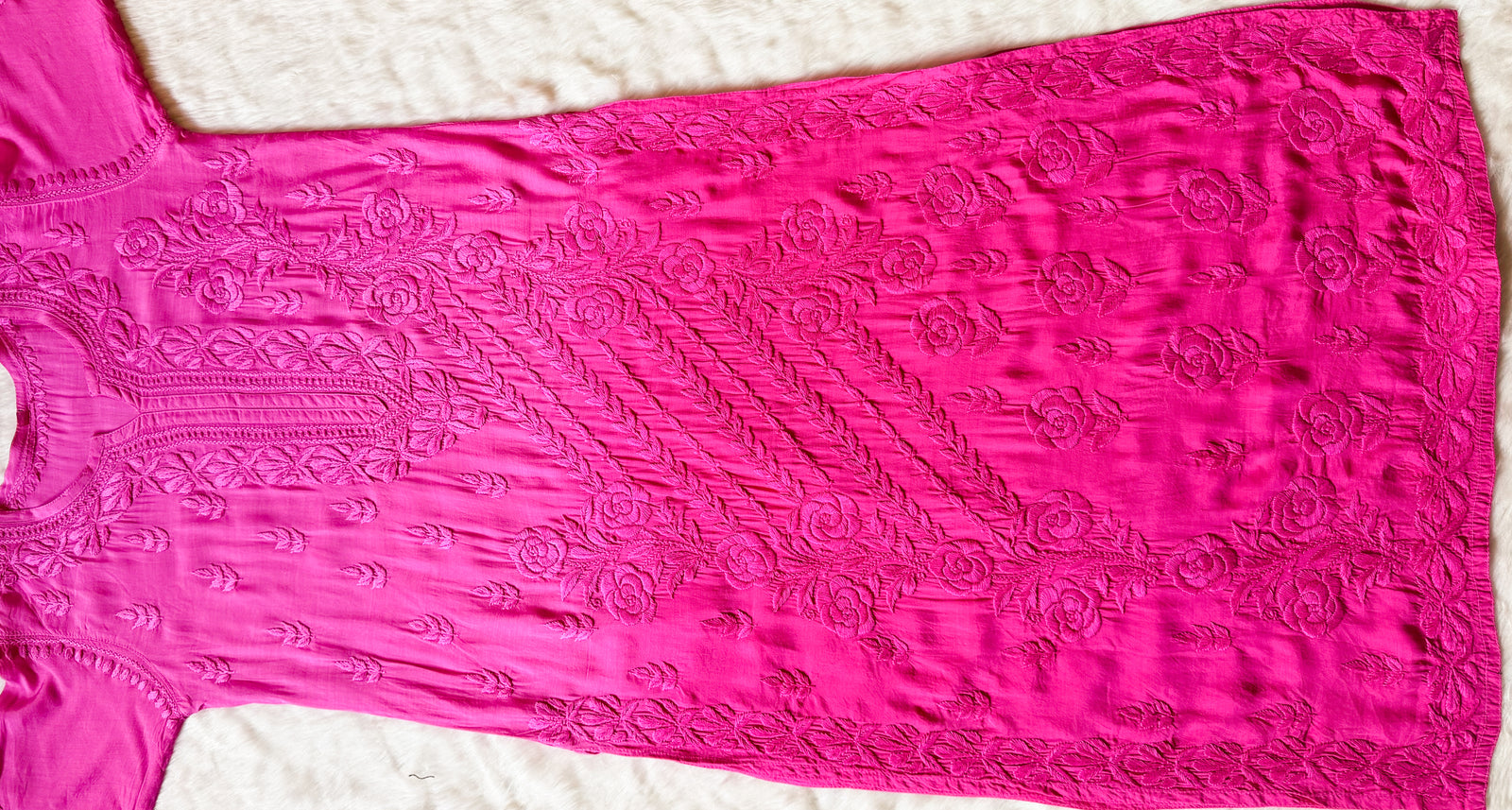 Rhea Pink 3D Chikankari Long Muslin Kurti