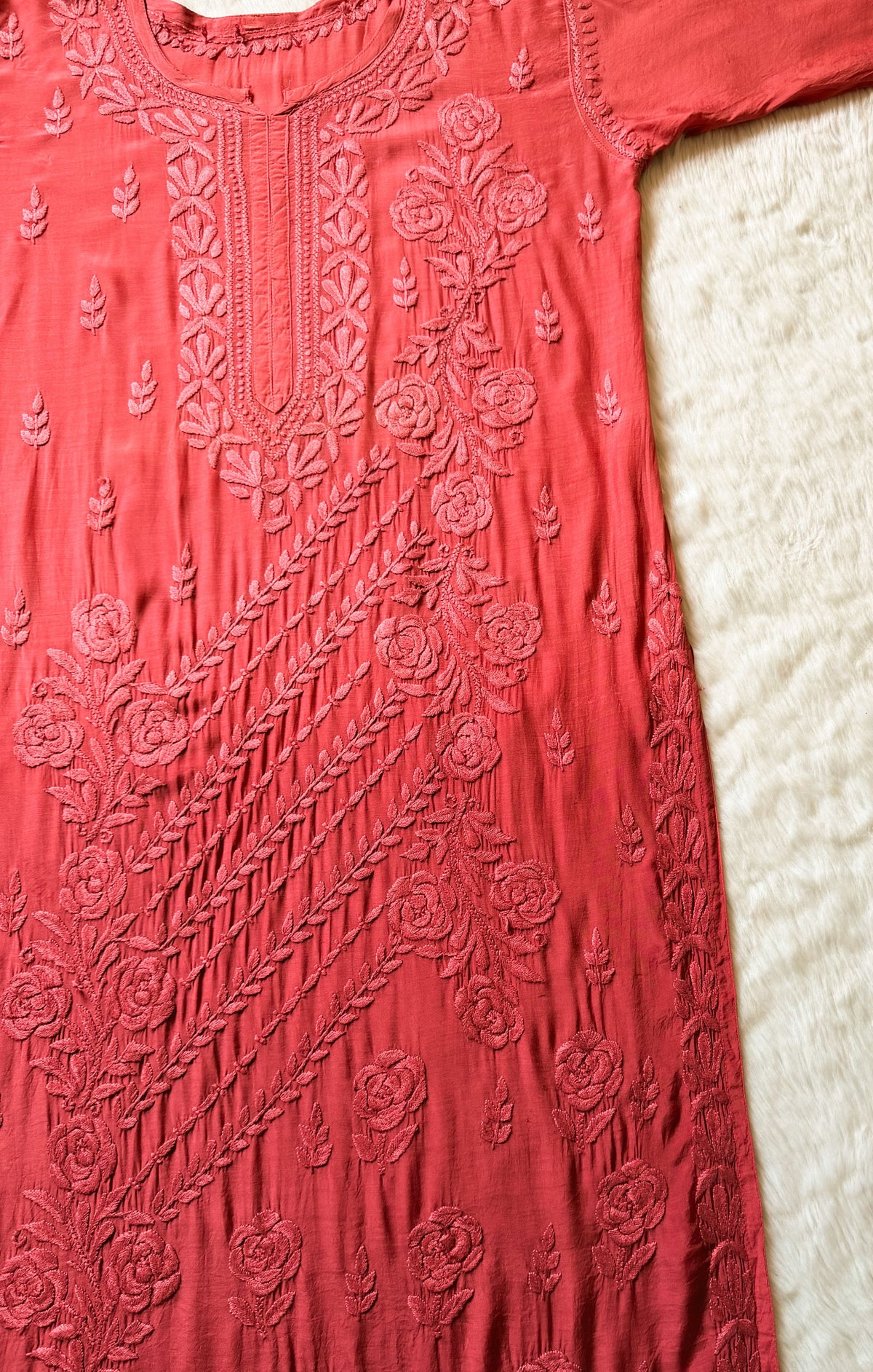 Rhea Rose Pink 3D Chikankari Long Muslin Kurti