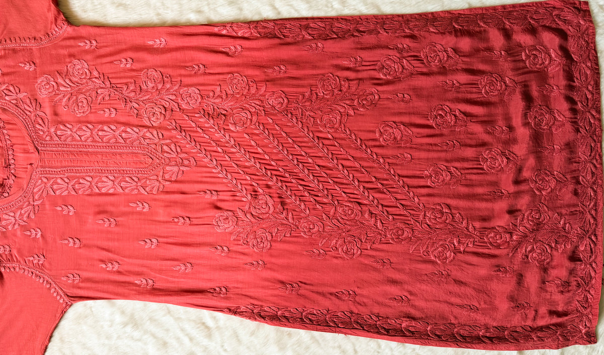 Rhea Rose Pink 3D Chikankari Long Muslin Kurti