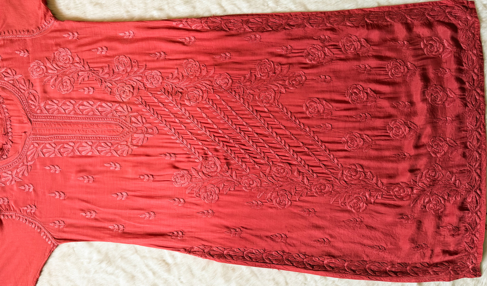 Rhea Rose Pink 3D Chikankari Long Muslin Kurti