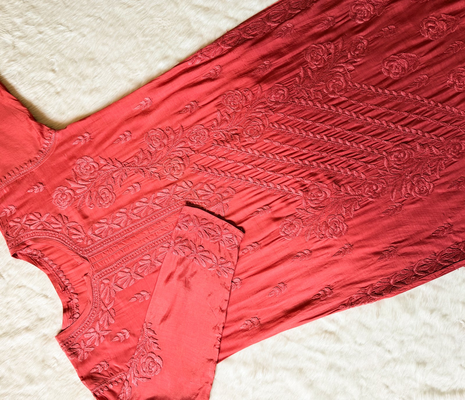 Rhea Rose Pink 3D Chikankari Long Muslin Kurti