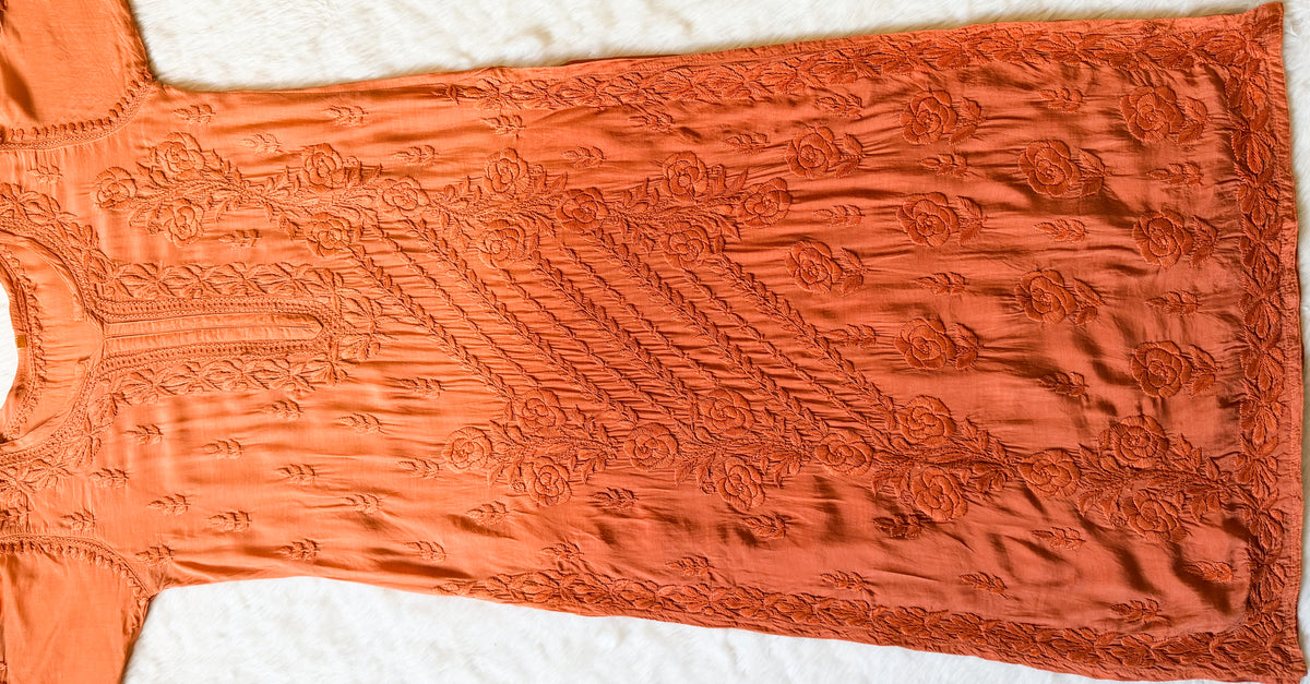 Rhea Rust Orange 3D Chikankari Long Muslin Kurti