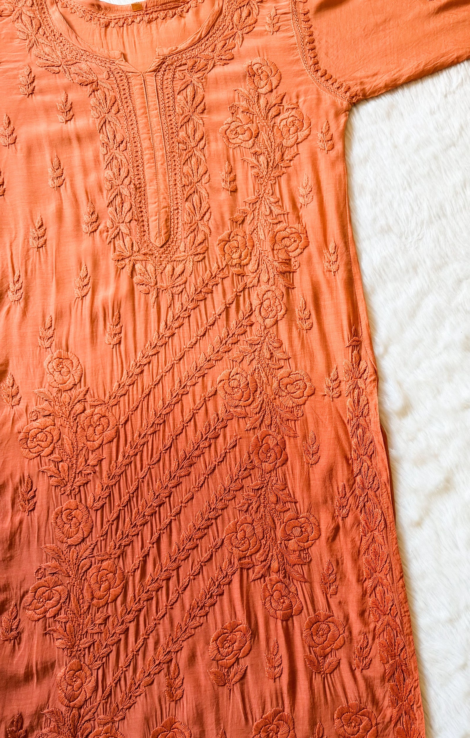 Rhea Rust Orange 3D Chikankari Long Muslin Kurti