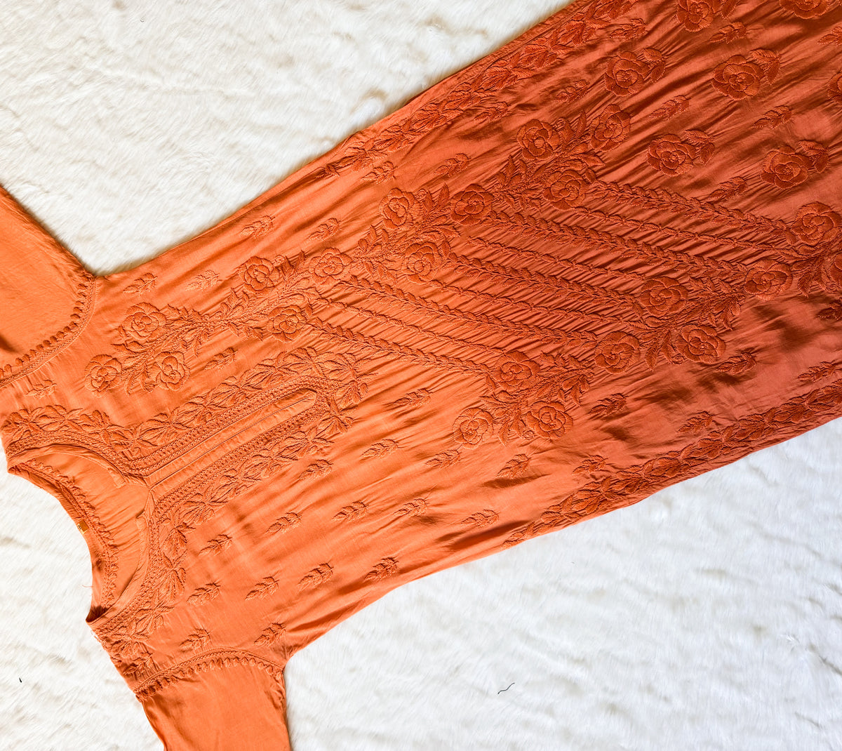 Rhea Rust Orange 3D Chikankari Long Muslin Kurti