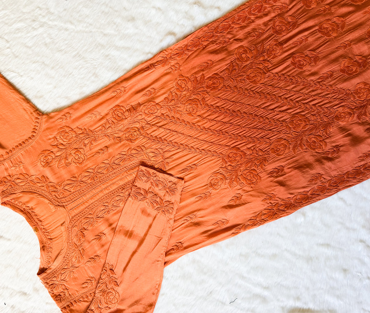 Rhea Rust Orange 3D Chikankari Long Muslin Kurti