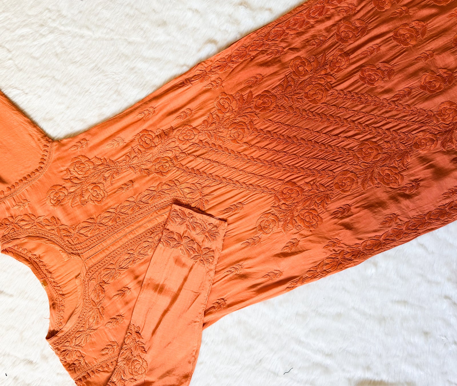 Rhea Rust Orange 3D Chikankari Long Muslin Kurti