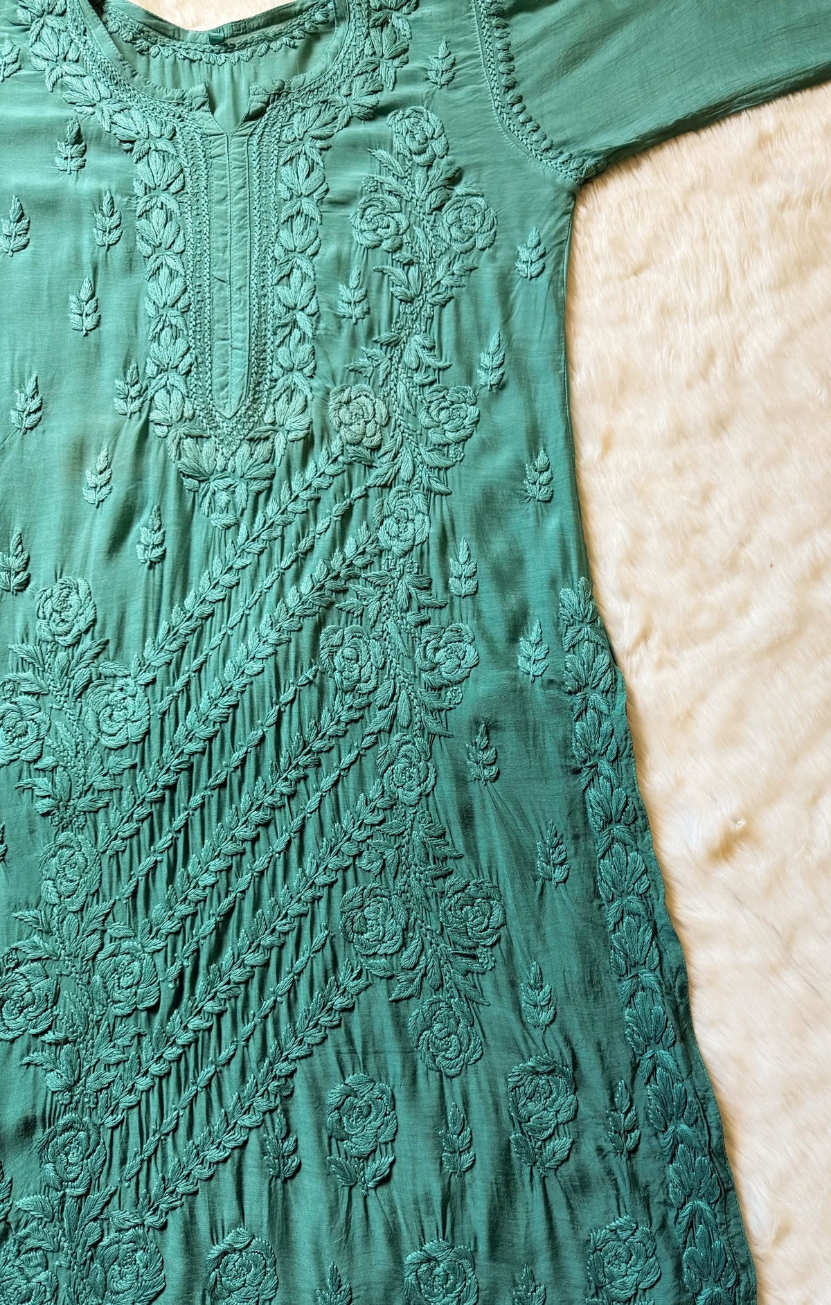 Rhea Sage Green 3D Chikankari Long Muslin Kurti