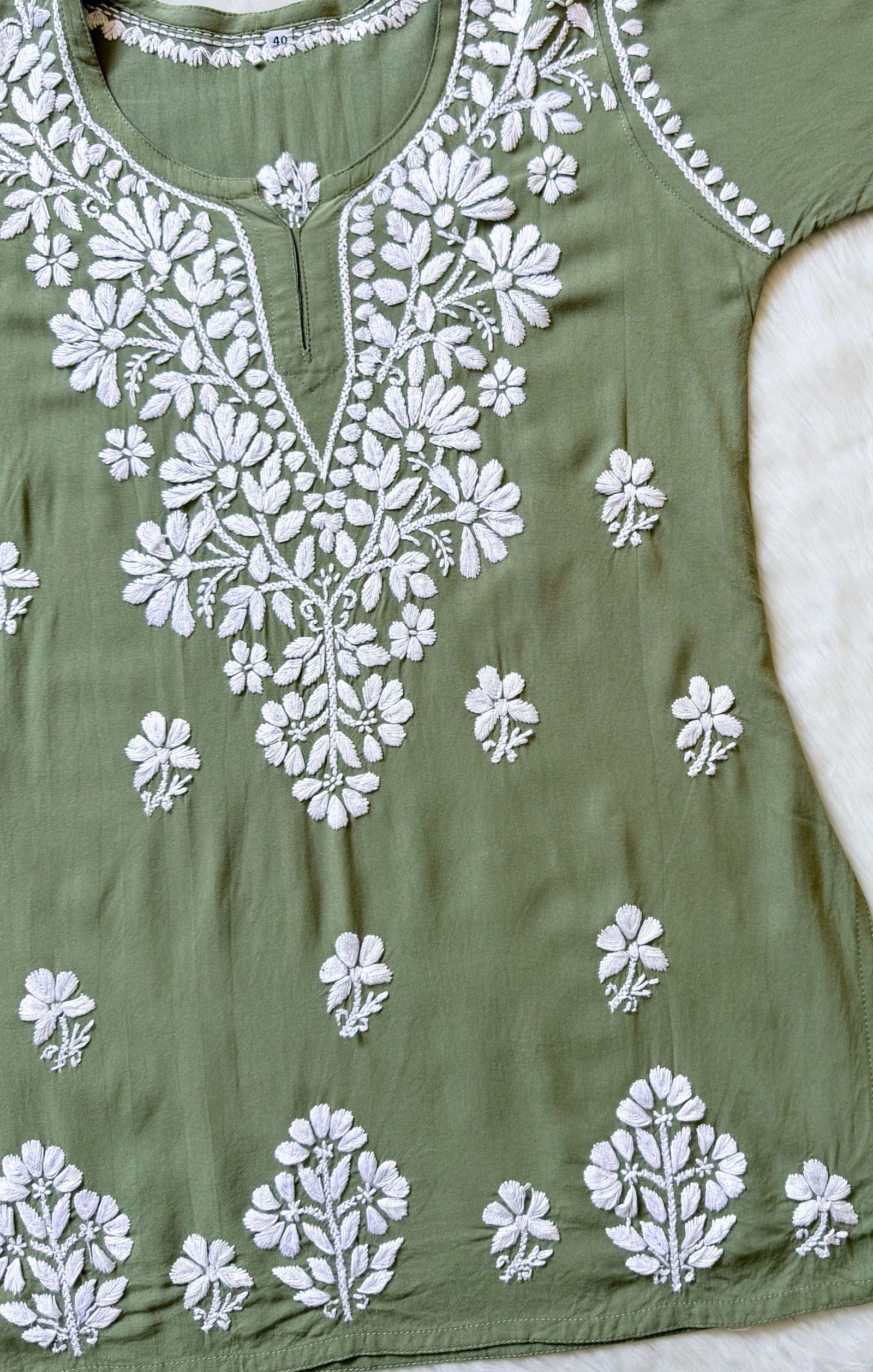 Rhea Sage Green Short Rayon Kurta with White Chikankari