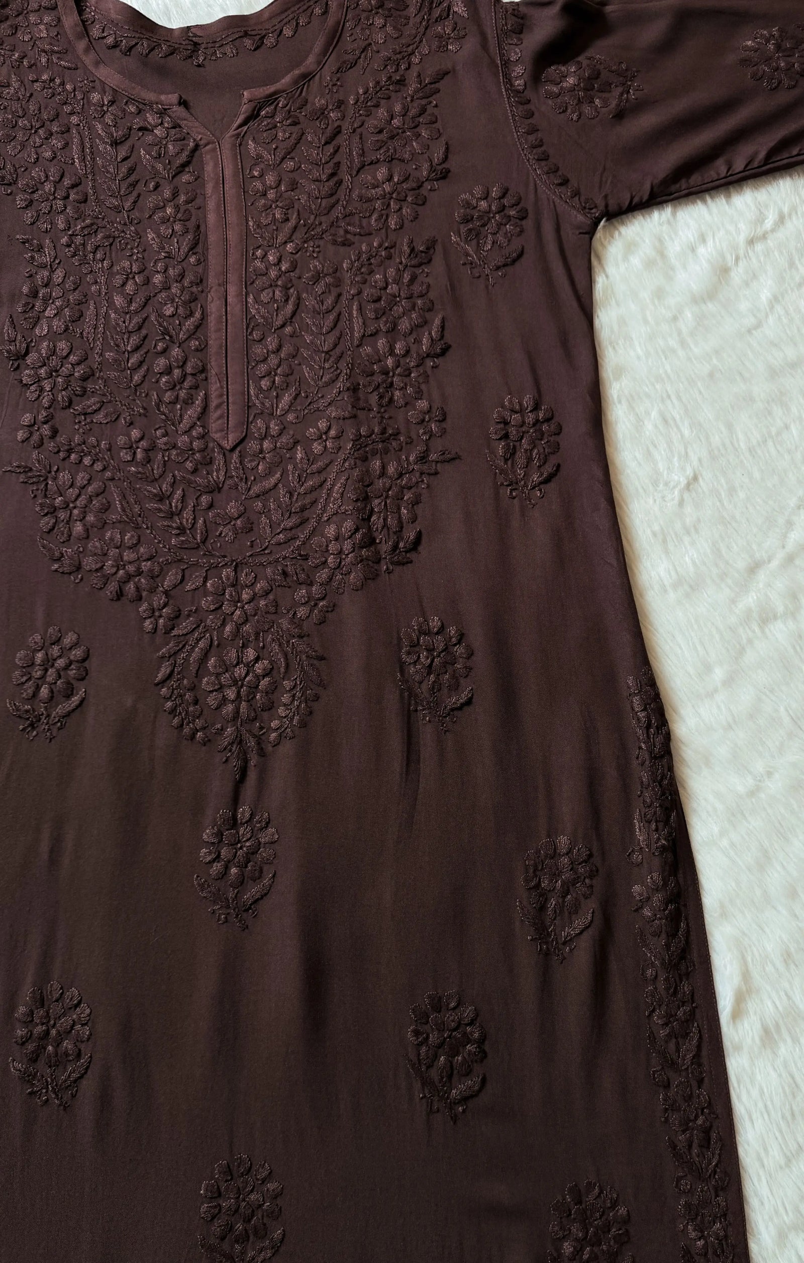 Rida Brown Long Rayon Chikankari Kurti
