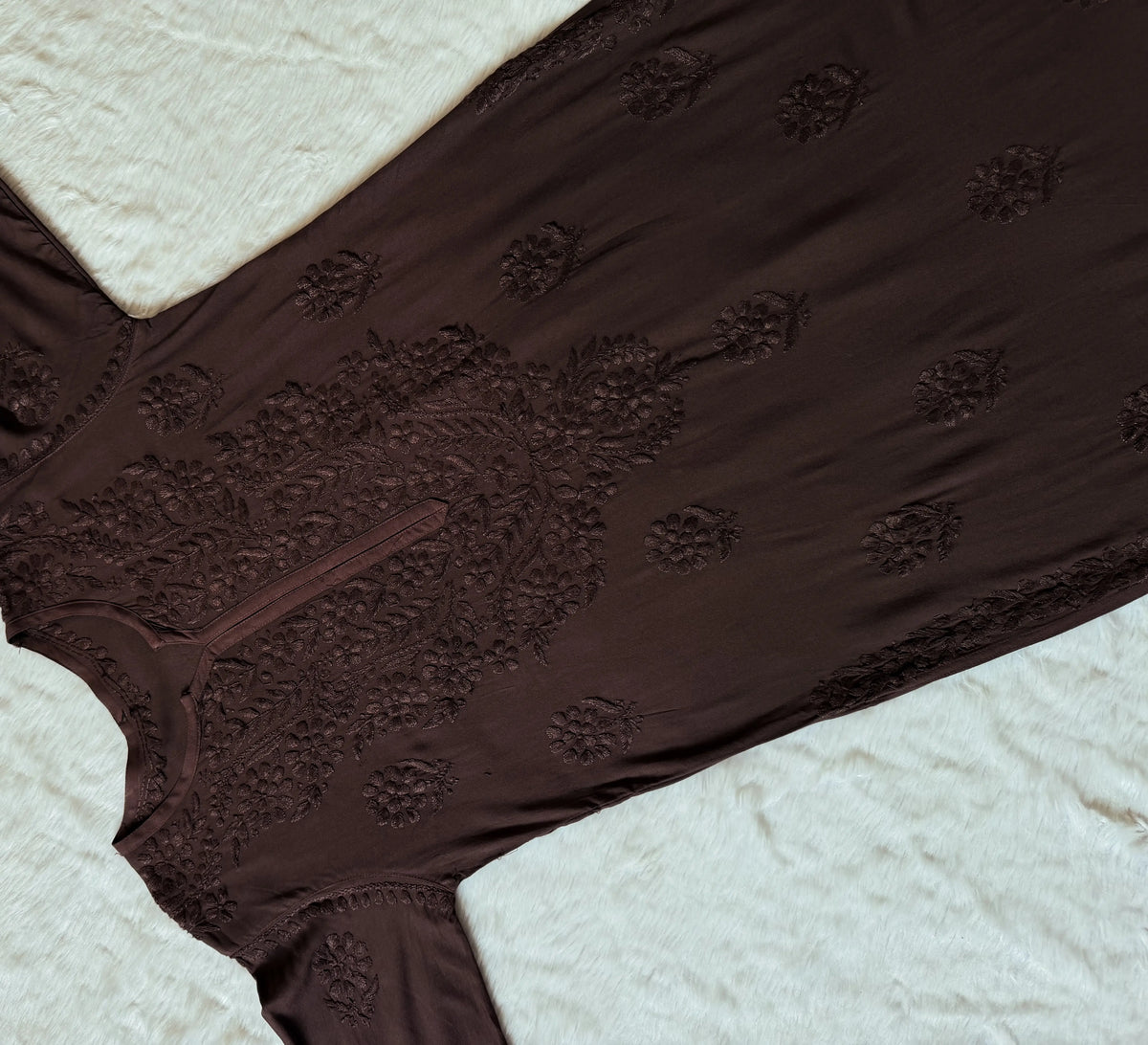 Rida Brown Long Rayon Chikankari Kurti