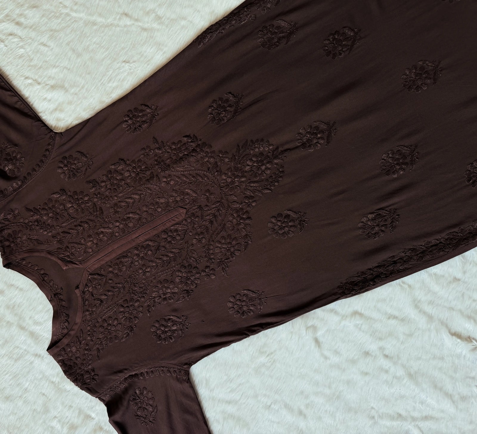 Rida Brown Long Rayon Chikankari Kurti