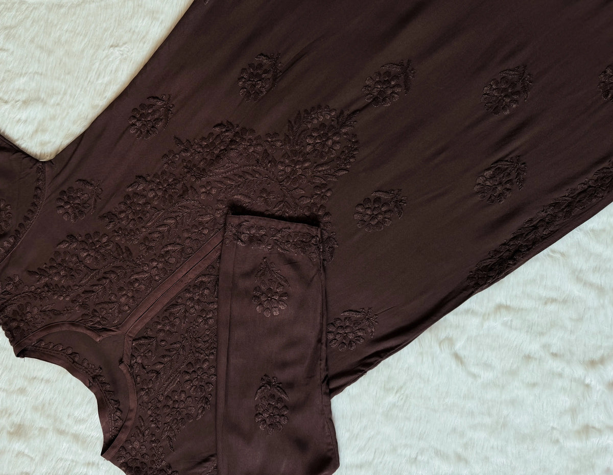 Rida Brown Long Rayon Chikankari Kurti