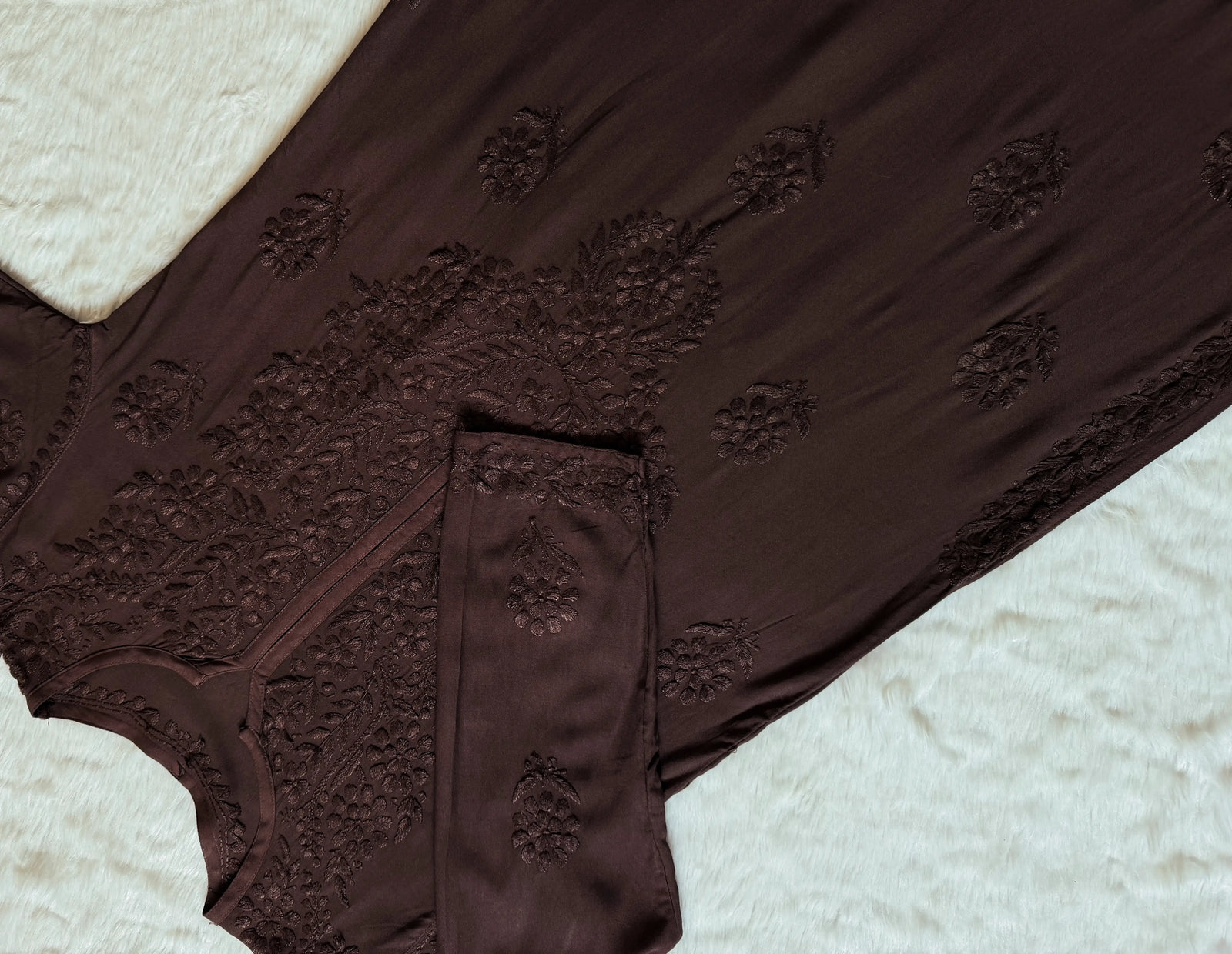 Rida Brown Long Rayon Chikankari Kurti