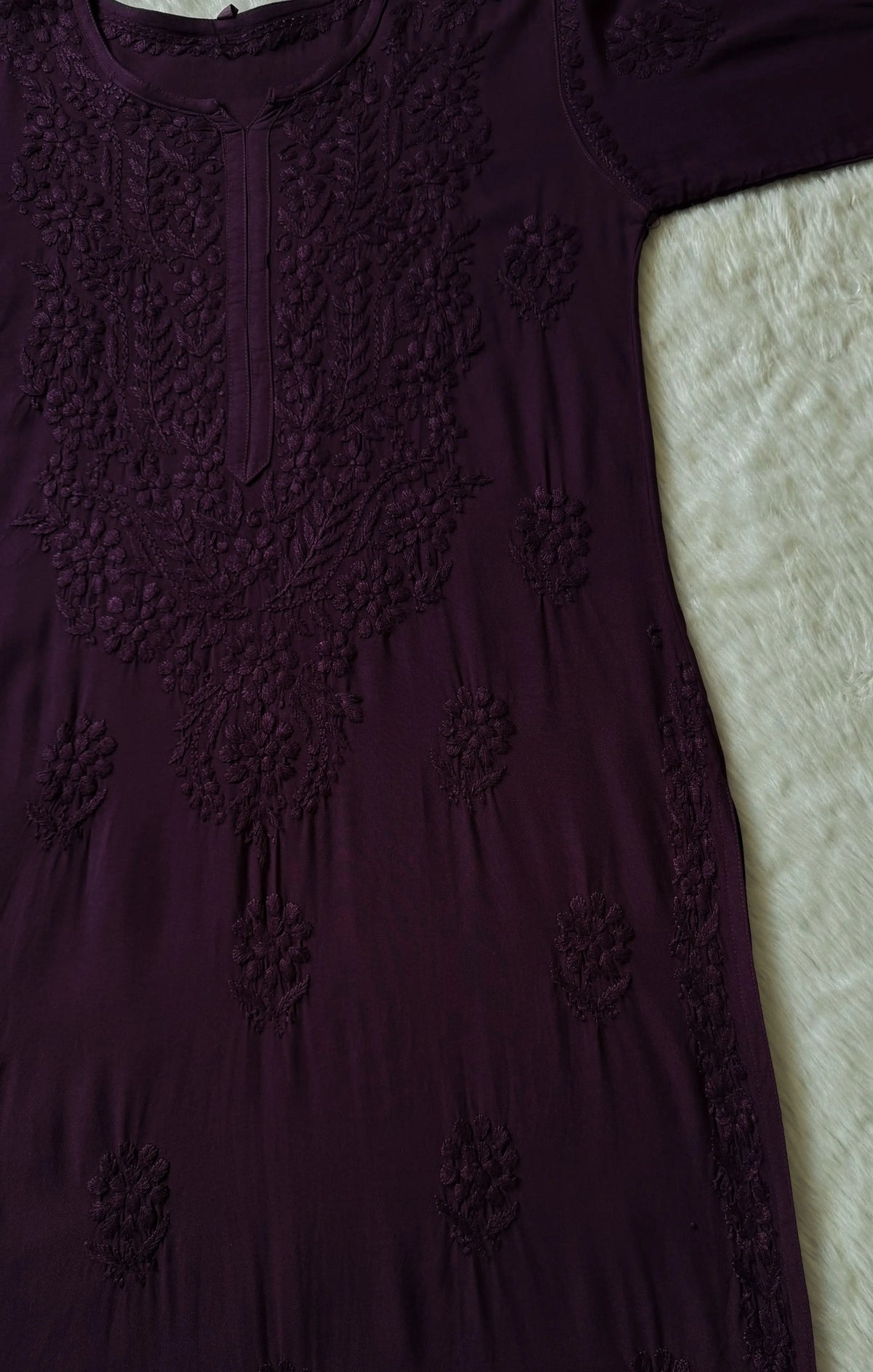Rida Dark Purple Long Rayon Chikankari Kurti