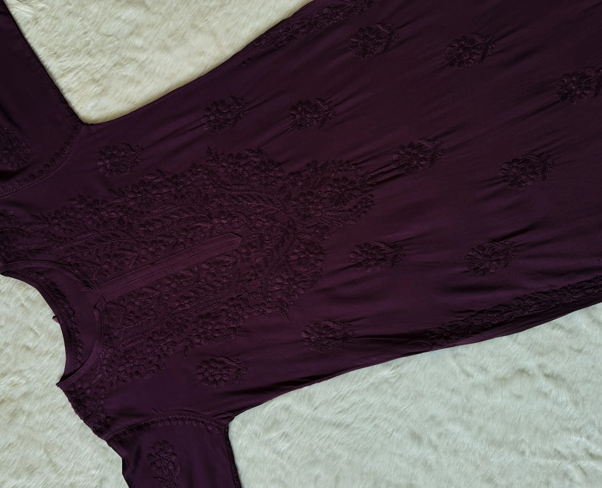 Rida Dark Purple Long Rayon Chikankari Kurti