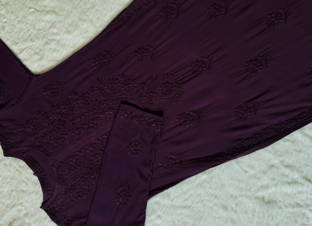 Rida Dark Purple Long Rayon Chikankari Kurti