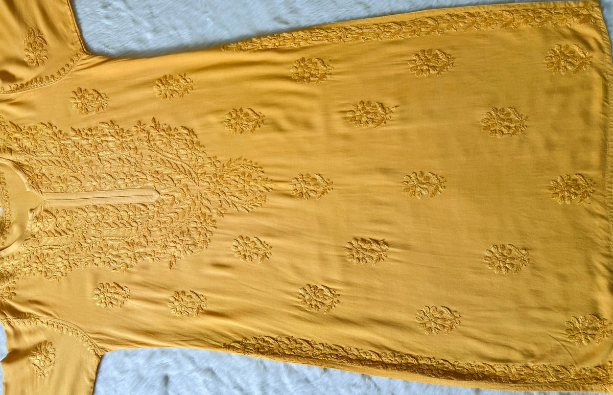 Rida Mango Yellow Long Rayon Chikankari Kurti