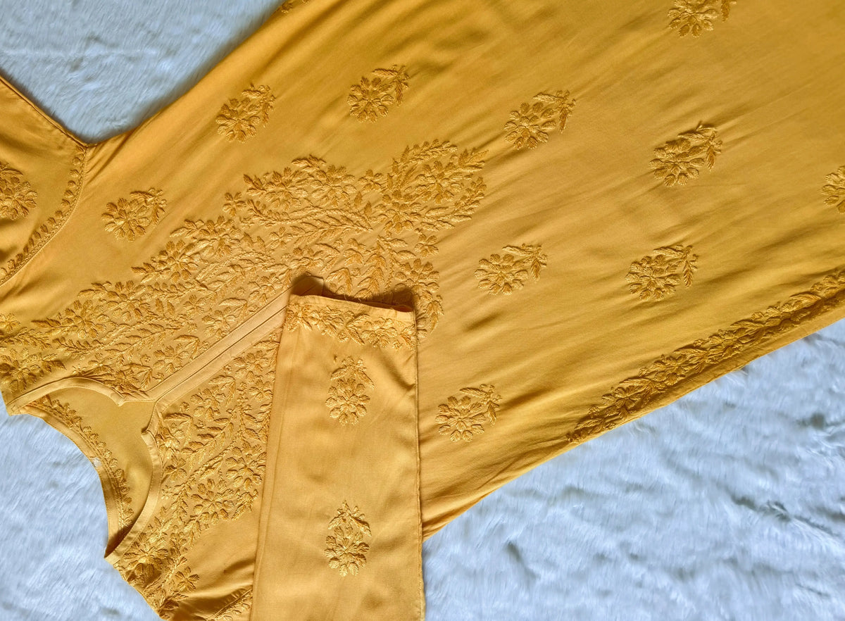 Rida Mango Yellow Long Rayon Chikankari Kurti