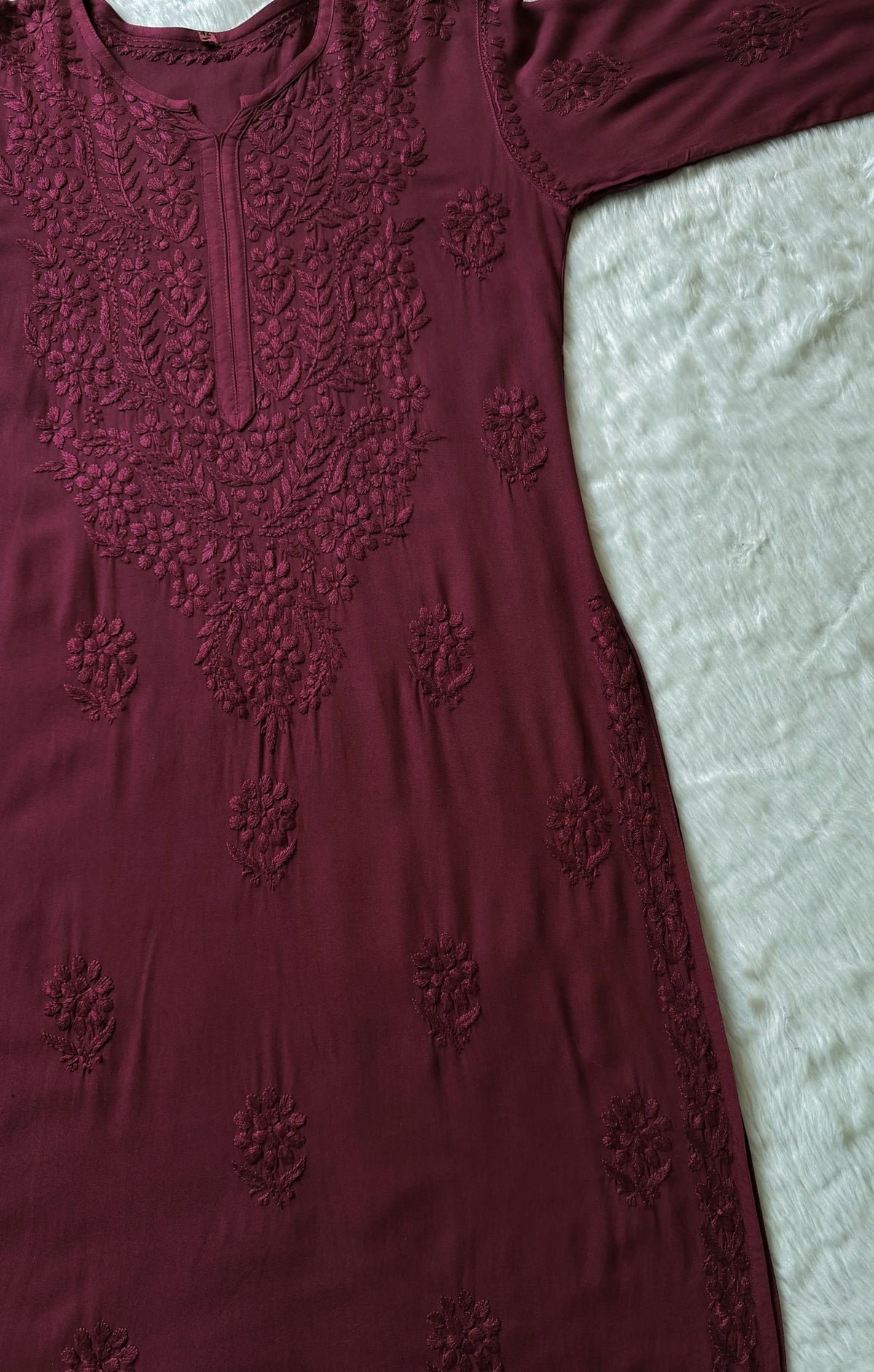 Rida Maroon Long Rayon Chikankari Kurti