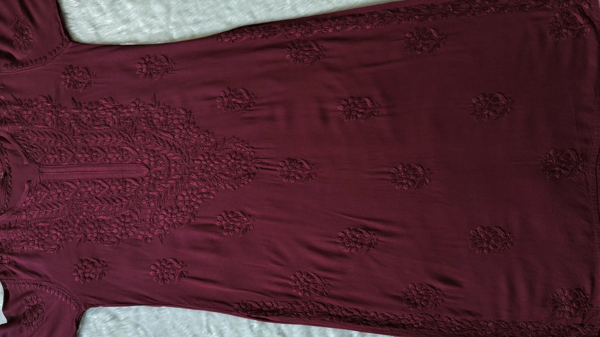 Rida Maroon Long Rayon Chikankari Kurti