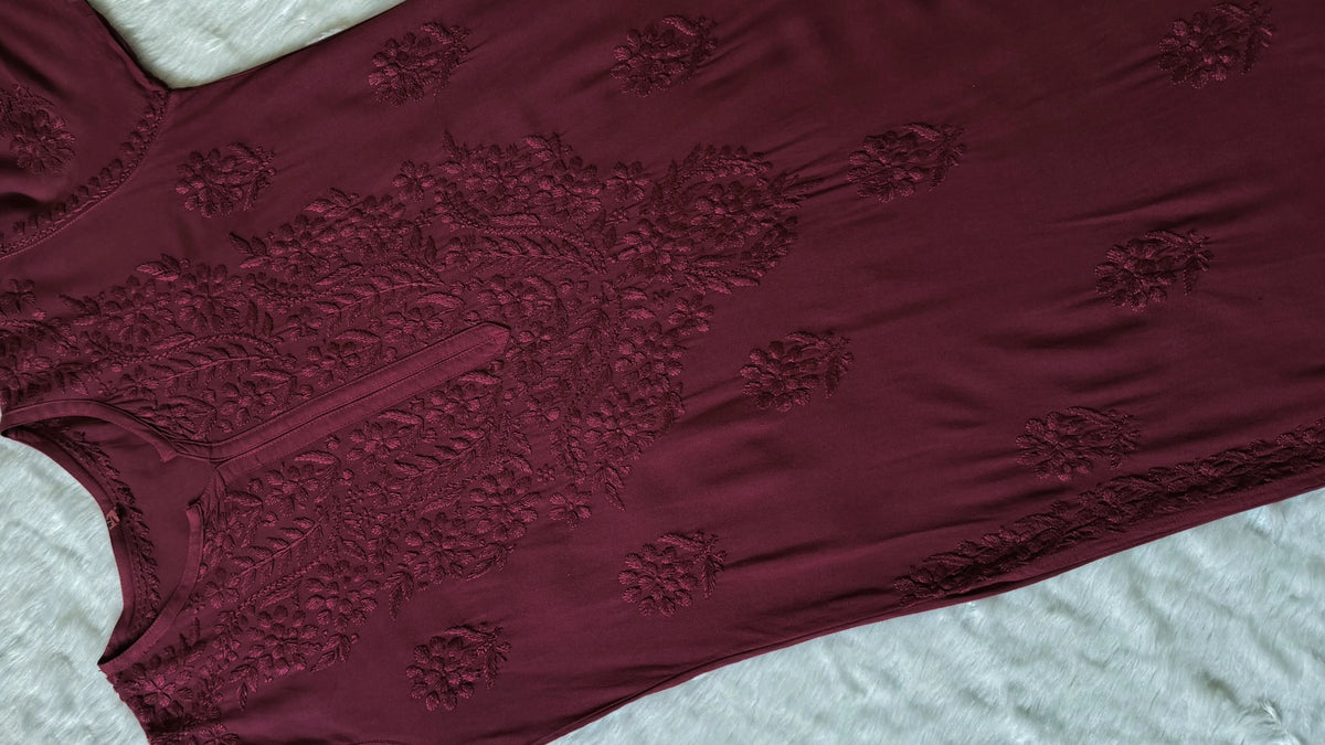Rida Maroon Long Rayon Chikankari Kurti