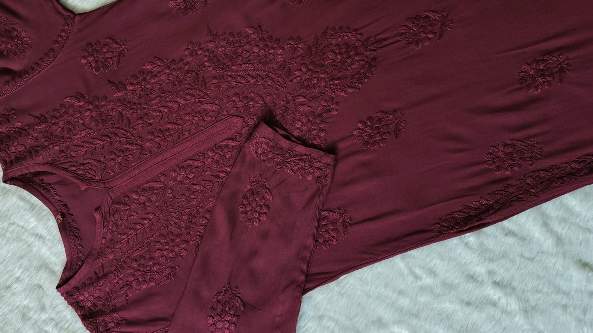 Rida Maroon Long Rayon Chikankari Kurti