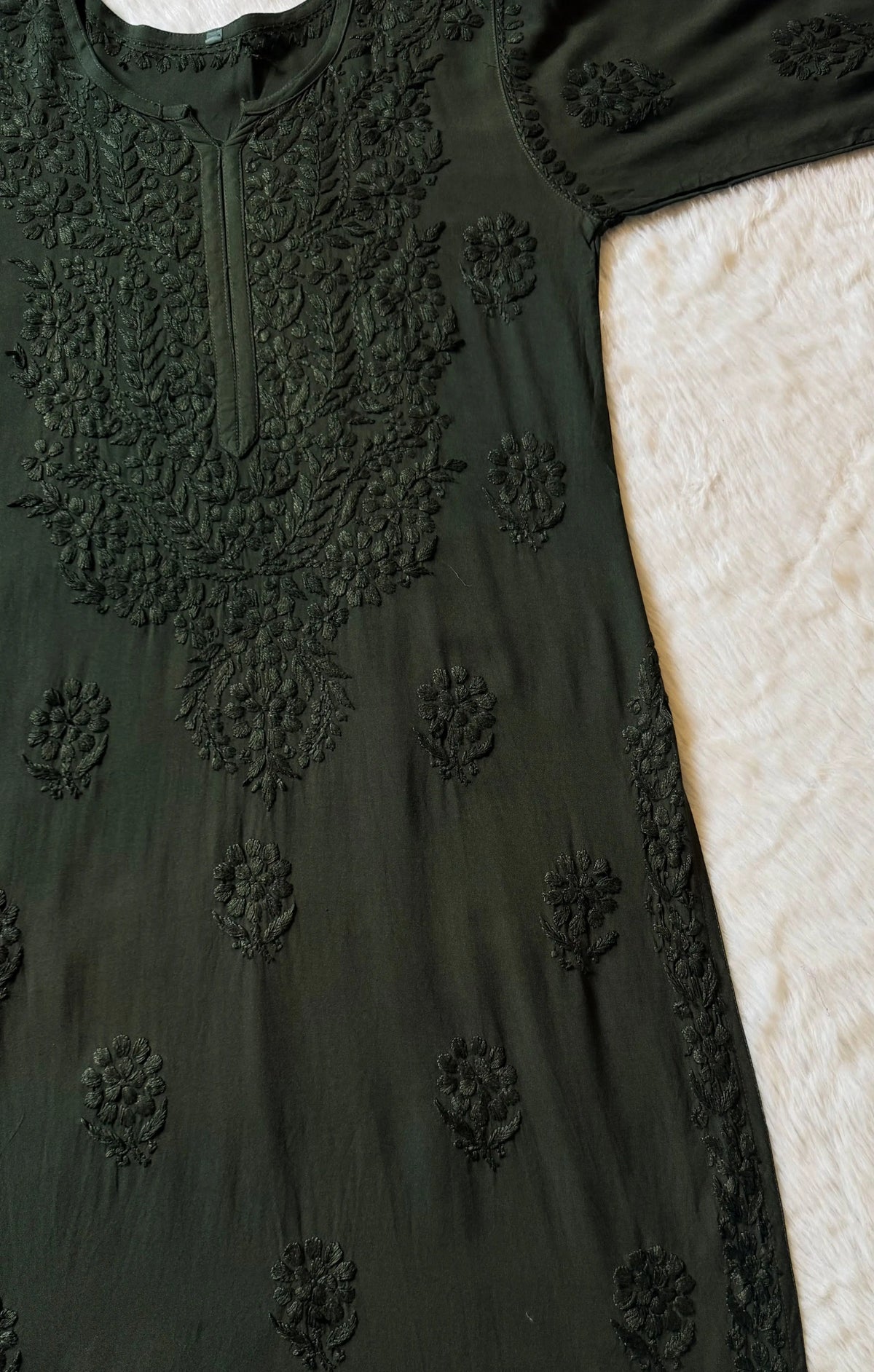 Rida Olive Green Long Rayon Chikankari Kurti