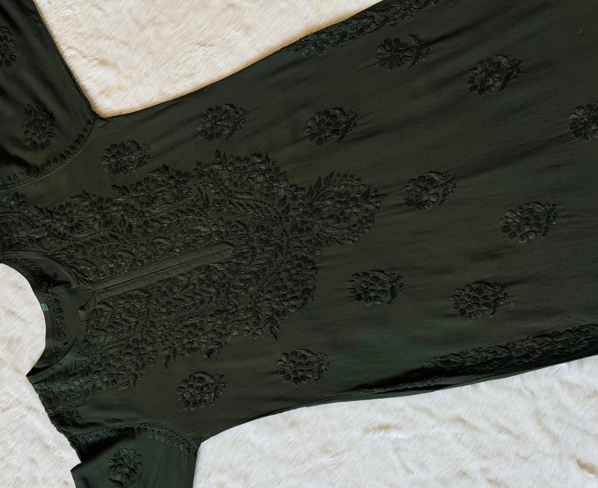 Rida Olive Green Long Rayon Chikankari Kurti