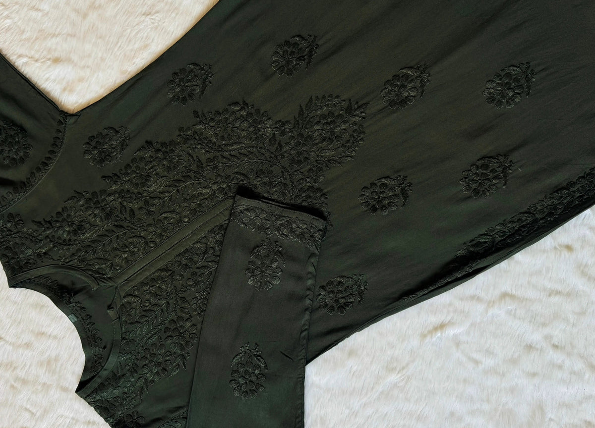 Rida Olive Green Long Rayon Chikankari Kurti
