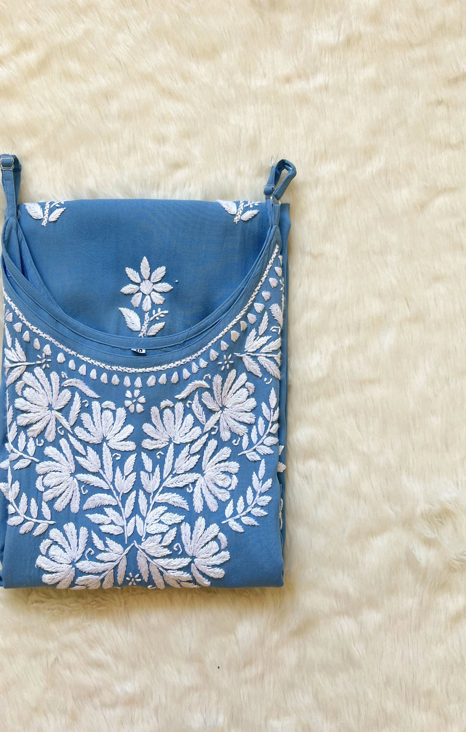 Rida Powder Blue Sleeveless Rayon Chikankari Kurta