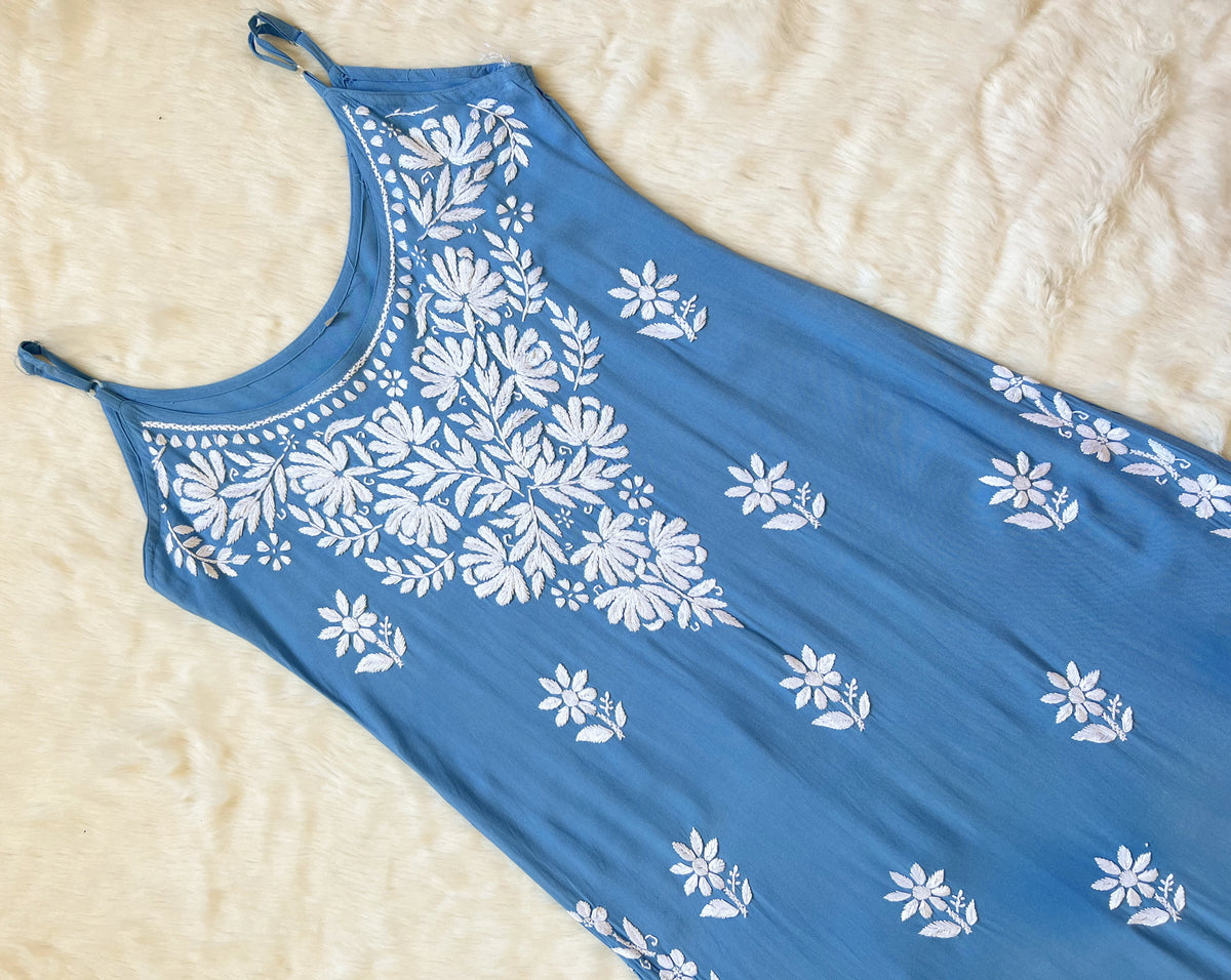 Rida Powder Blue Sleeveless Rayon Chikankari Kurta