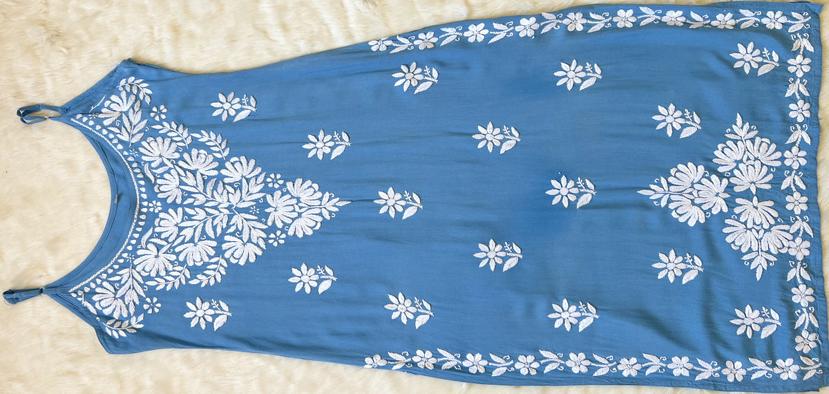 Rida Powder Blue Sleeveless Rayon Chikankari Kurta