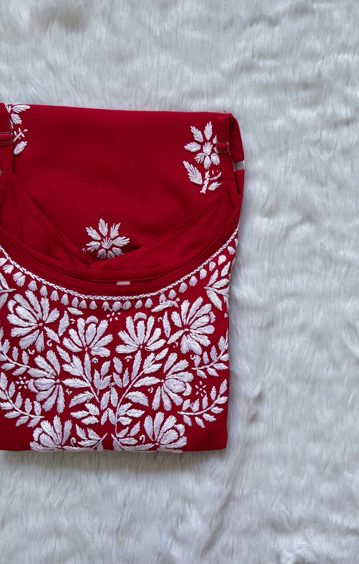 Rida Red Sleeveless Rayon Chikankari Kurta
