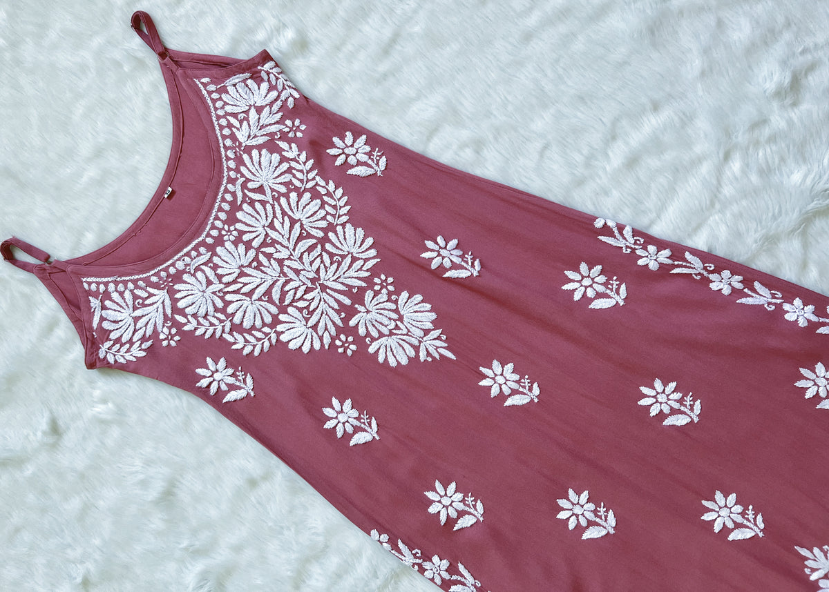 Rida Rose Pink Sleeveless Rayon Chikankari Kurta