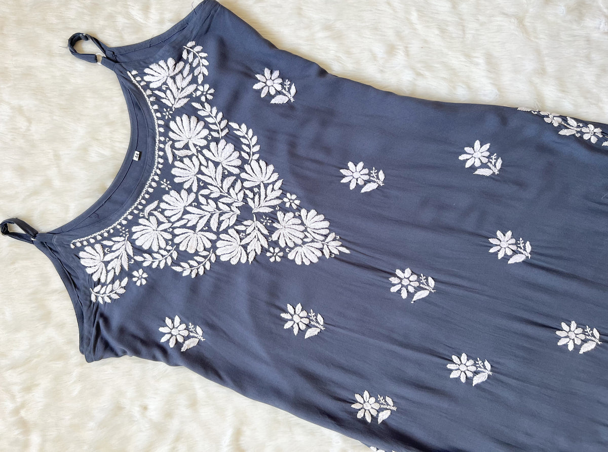 Rida Steel Grey Sleeveless Rayon Chikankari Kurta