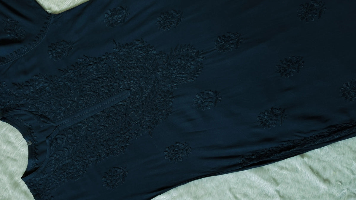 Rida Teal Long Rayon Chikankari Kurti