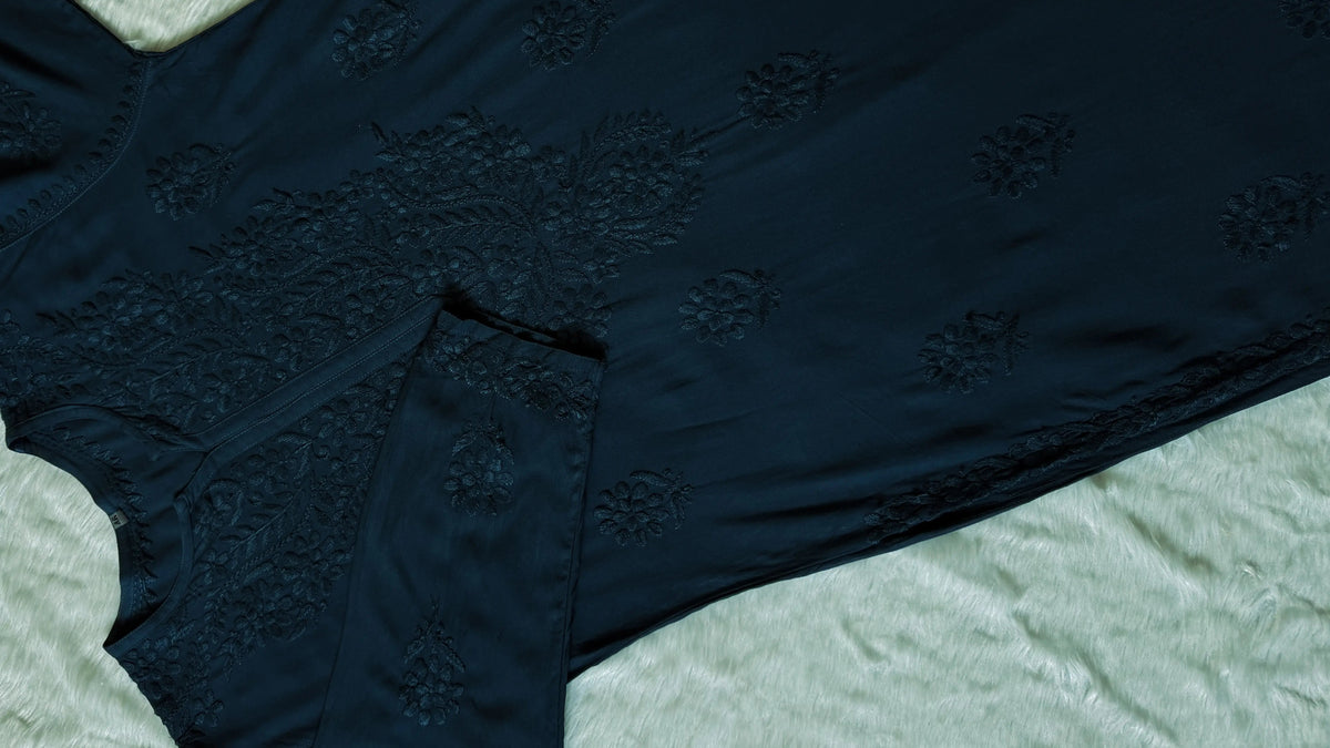 Rida Teal Long Rayon Chikankari Kurti