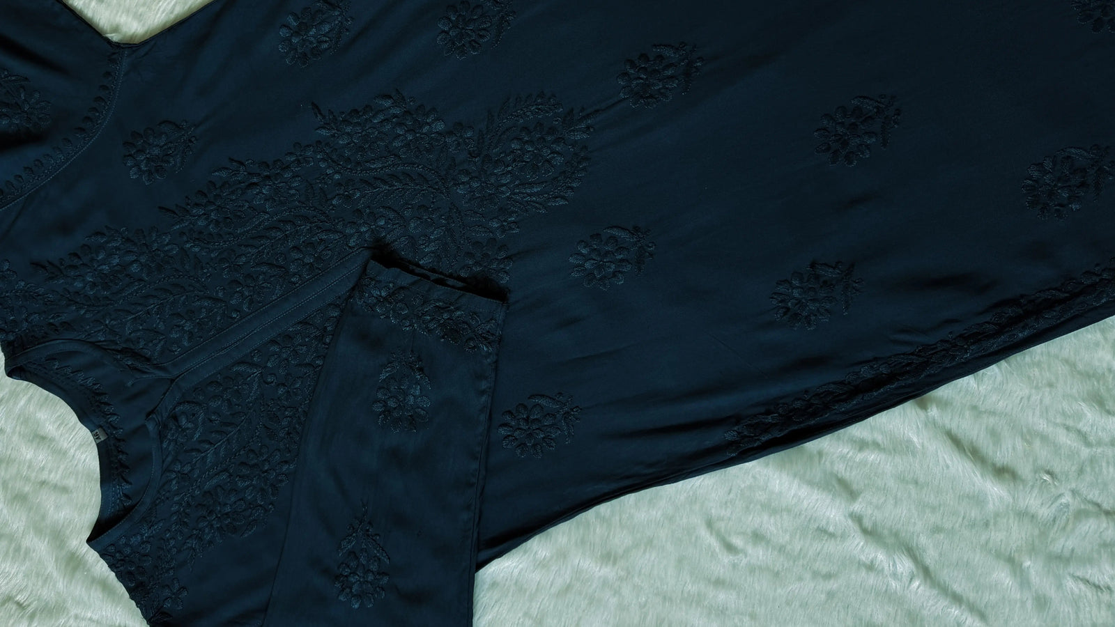 Rida Teal Long Rayon Chikankari Kurti