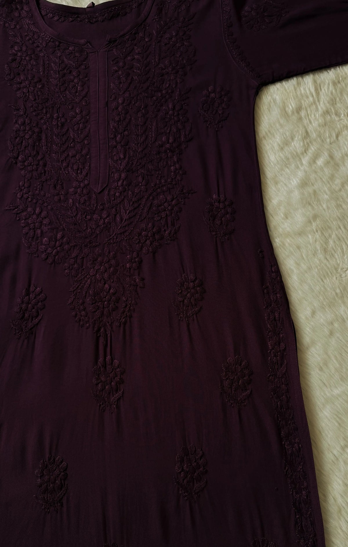 Rida Wine Long Rayon Chikankari Kurti
