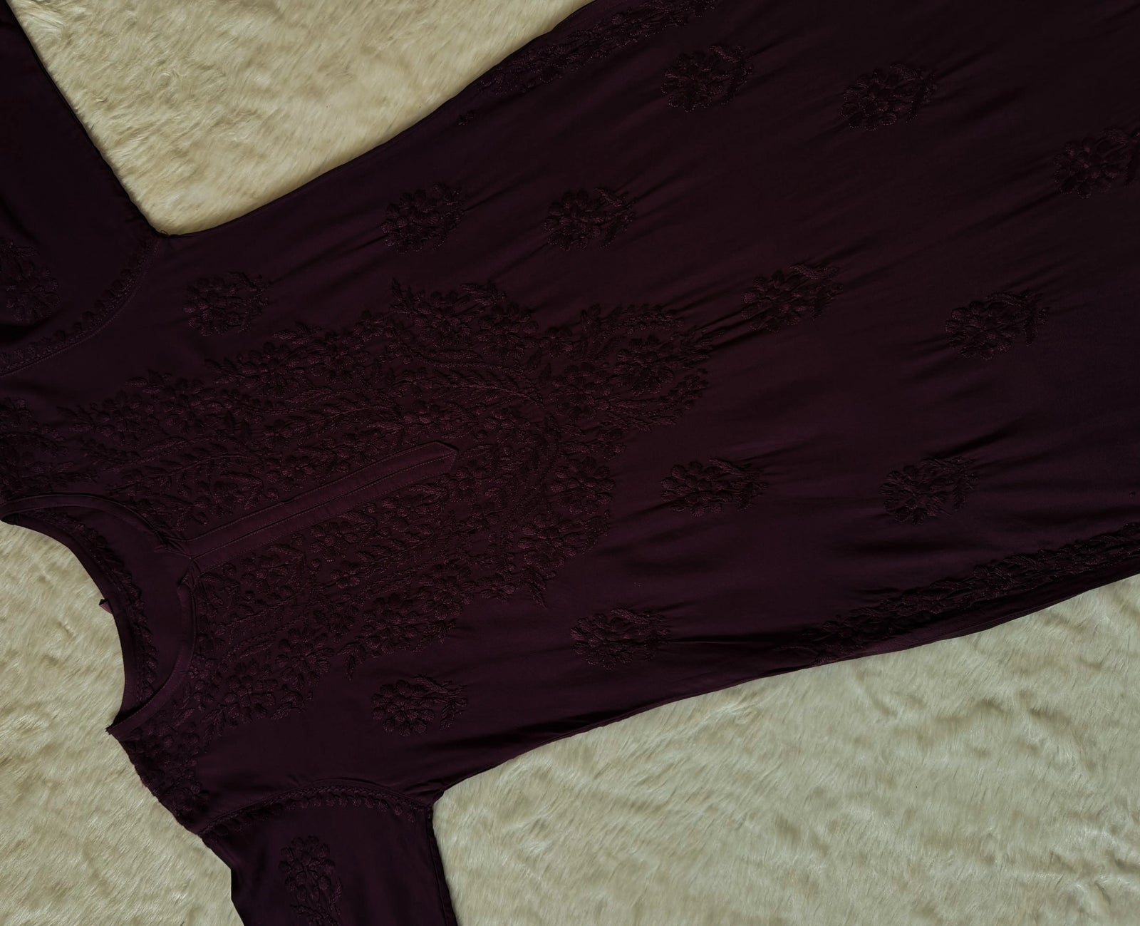 Rida Wine Long Rayon Chikankari Kurti