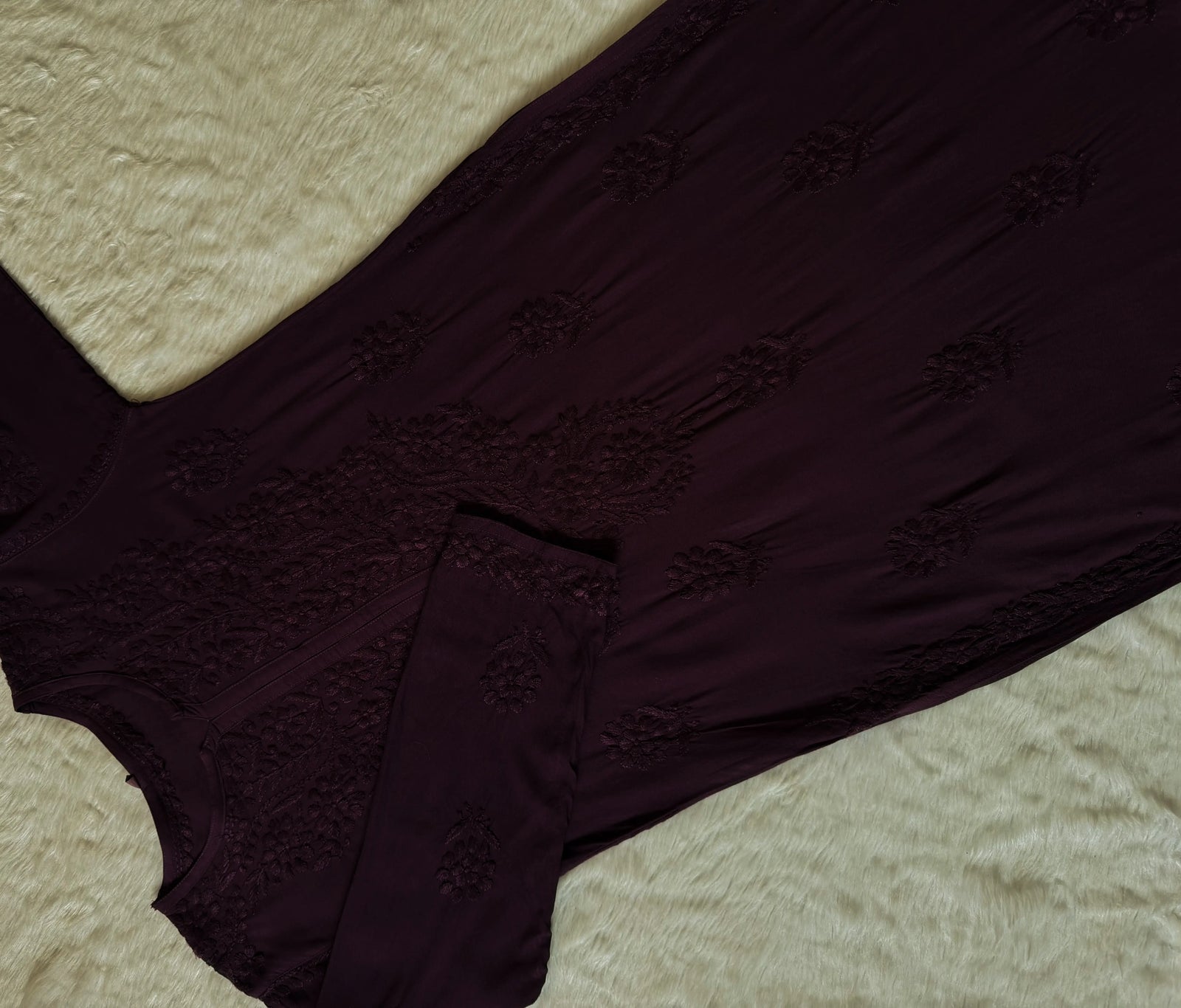 Rida Wine Long Rayon Chikankari Kurti