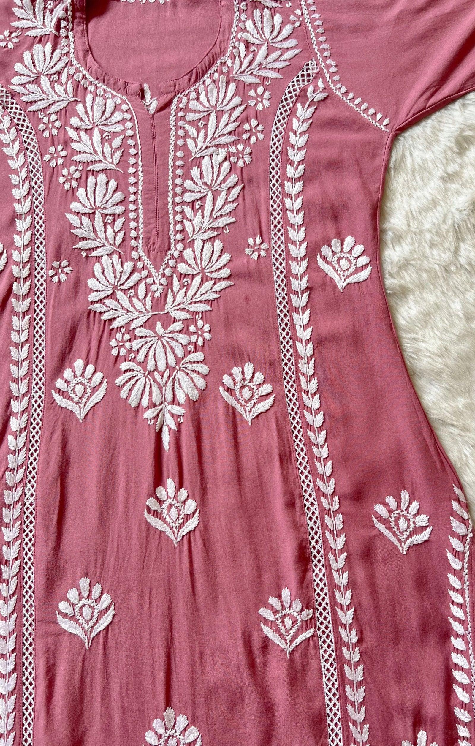Rose Pink Long Lace Rayon Chikankari Kurta