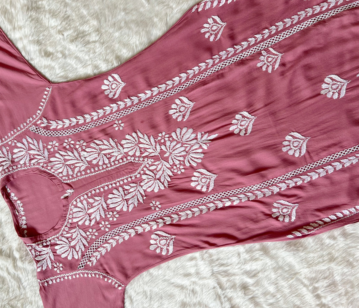 Rose Pink Long Lace Rayon Chikankari Kurta