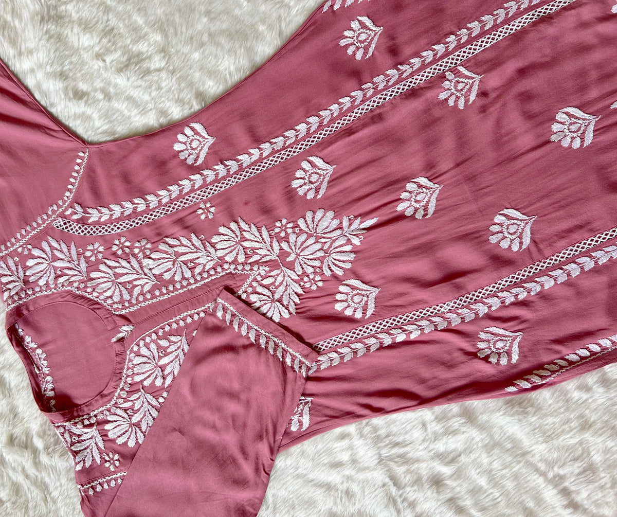 Rose Pink Long Lace Rayon Chikankari Kurta