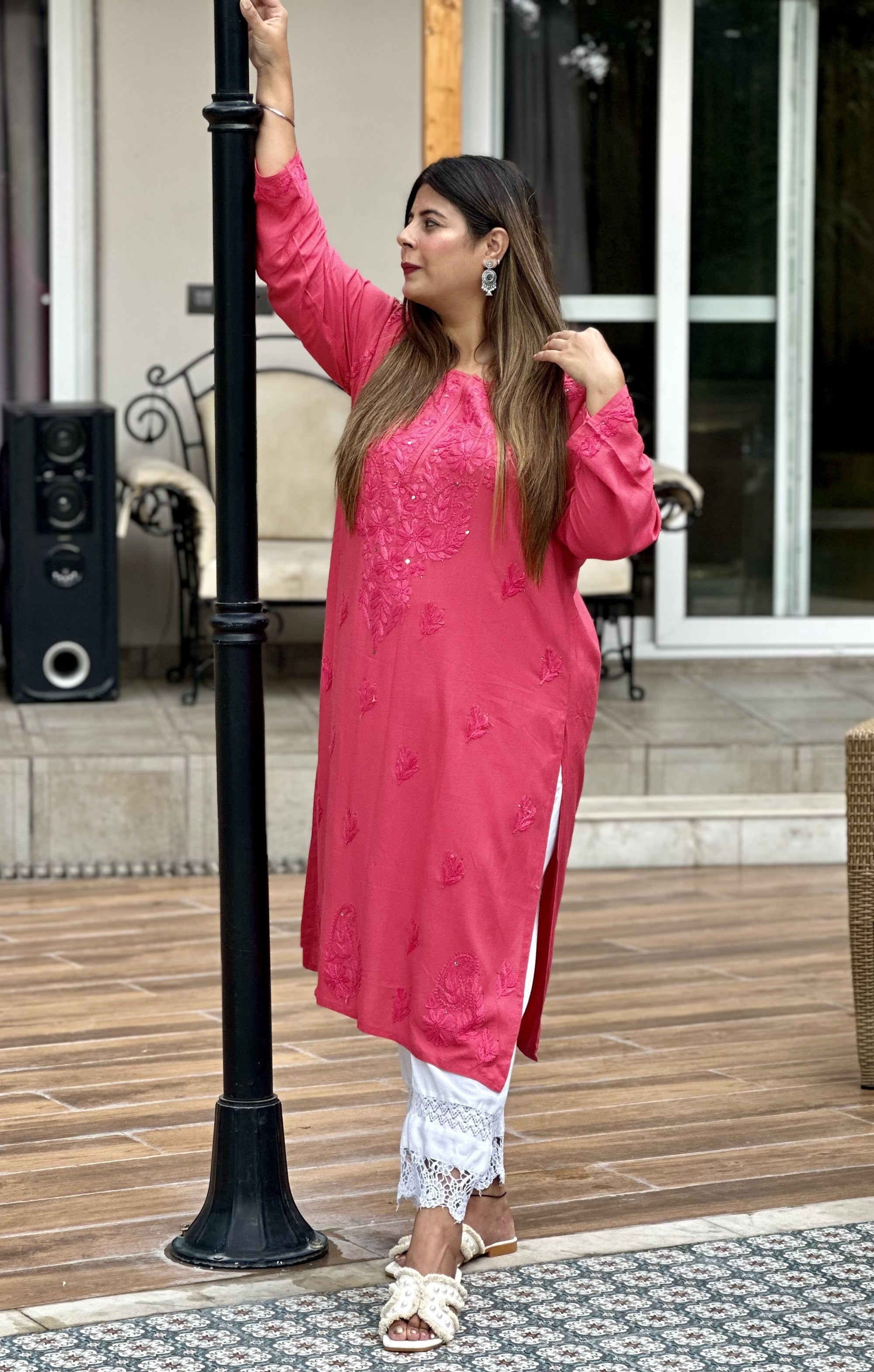 Rose Pink Rayon Kurta with Self Chikankari & Mukesh Work