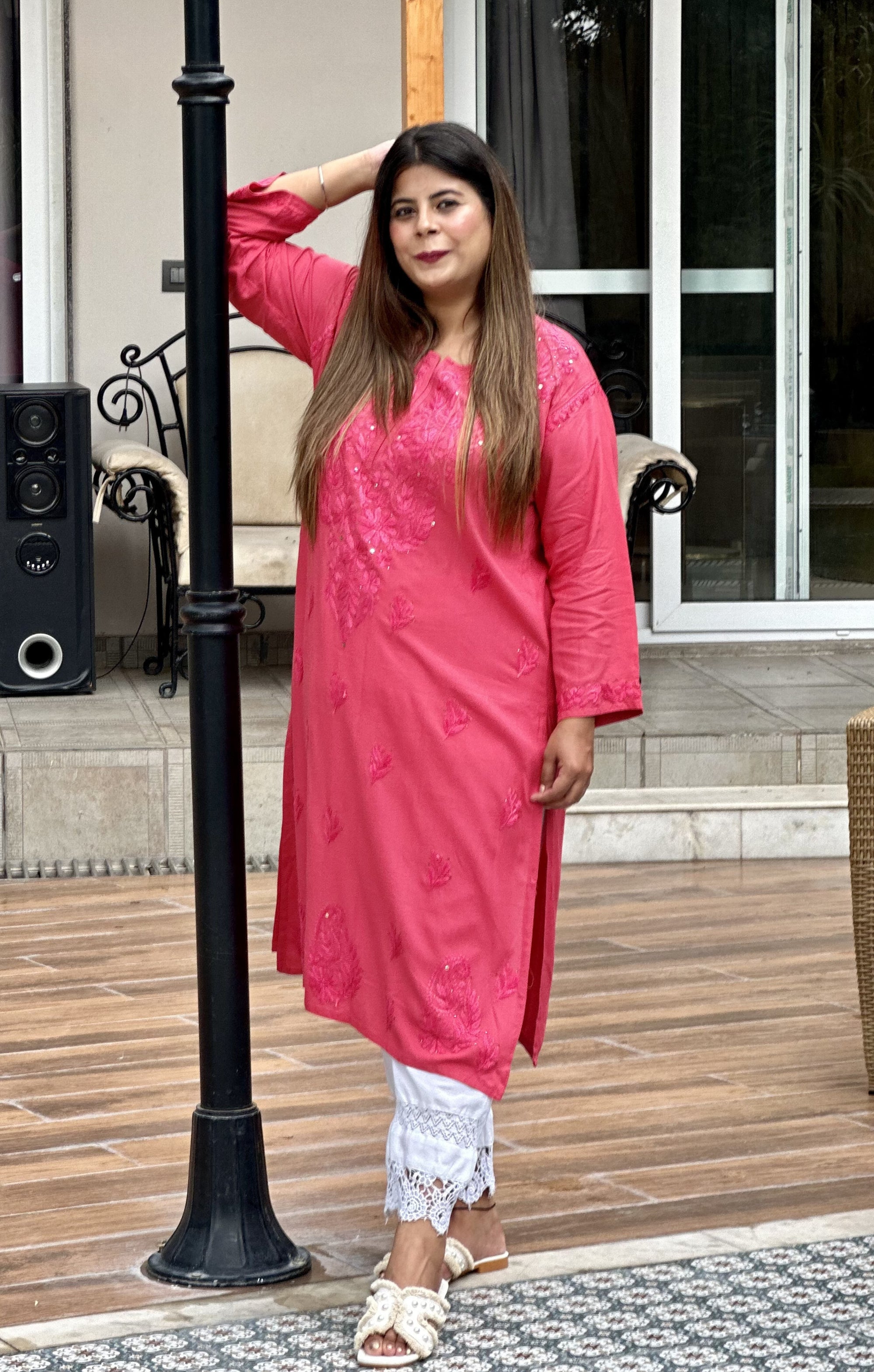 Rose Pink Rayon Kurta with Self Chikankari & Mukesh Work