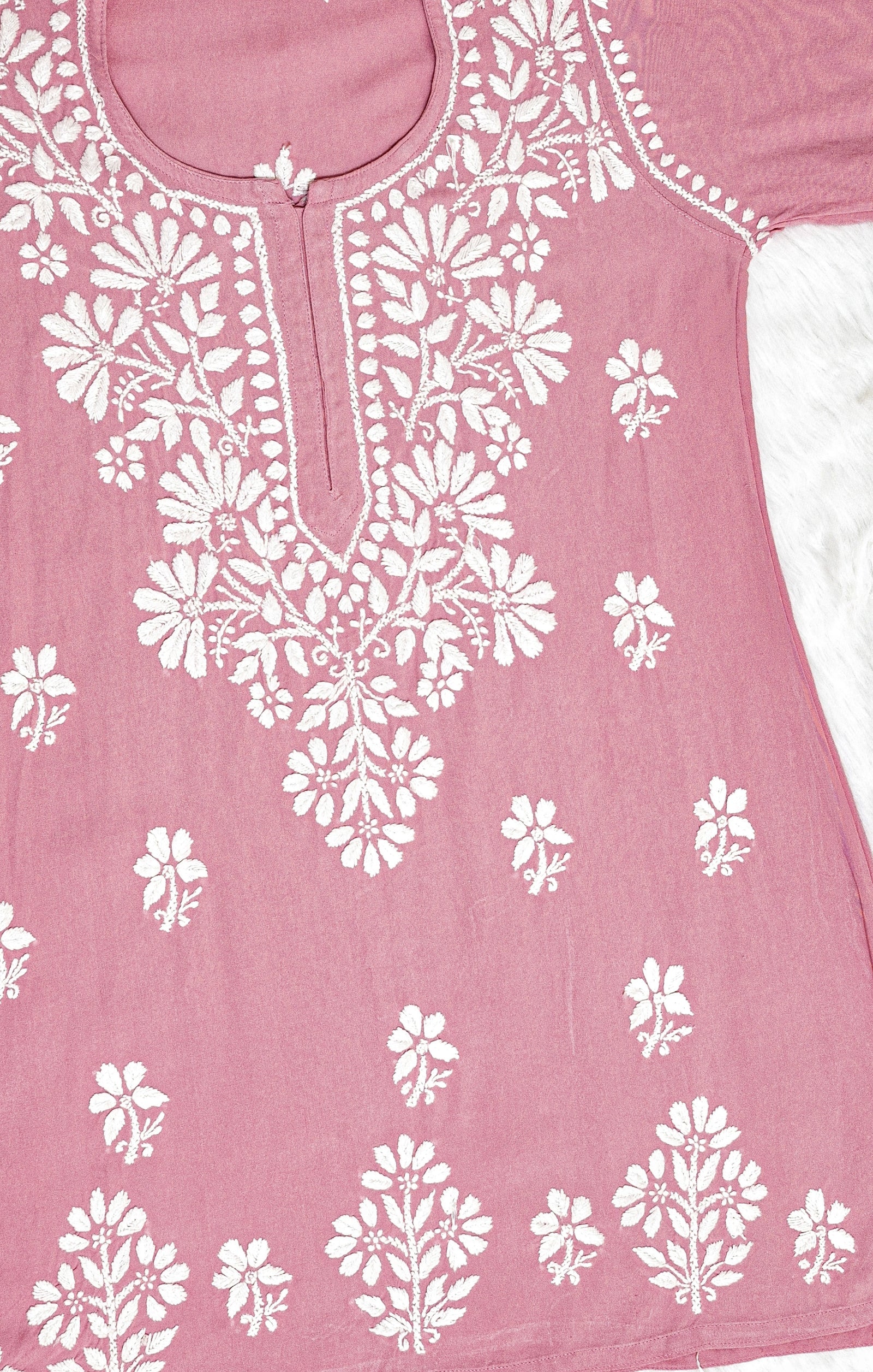 Rose Pink Short Rayon Chikankari Kurta